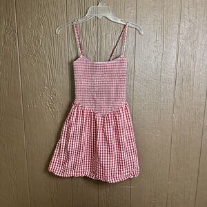 Abercrombie & Fitch Dipped-Waist Smocked Mini Dress XS Tall Pockets Red Gingham